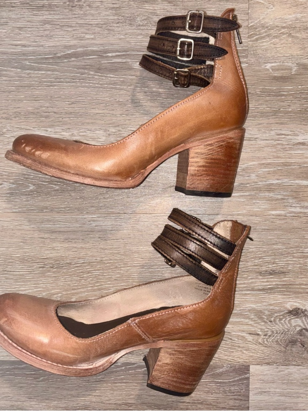 freebird Tan Leather Block Heels with Dark Brown Triple Ankle Straps
